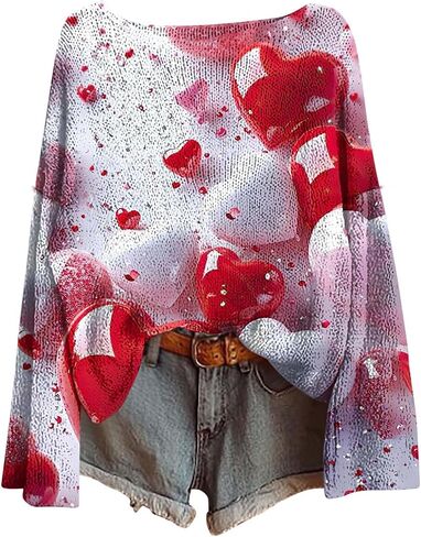 Valentines Shirts for Women Cute Love Heart Graphic Sweatshirts Trendy Long Sleeve Crewneck Sweater Pullover Tops in Saudi Arabia