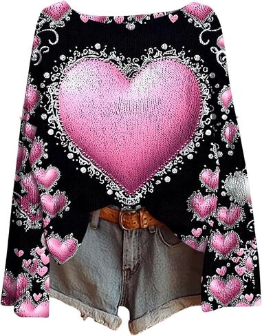 Valentines Shirts for Women Cute Love Heart Graphic Sweatshirts Trendy Long Sleeve Crewneck Sweater Pullover Tops in Saudi Arabia