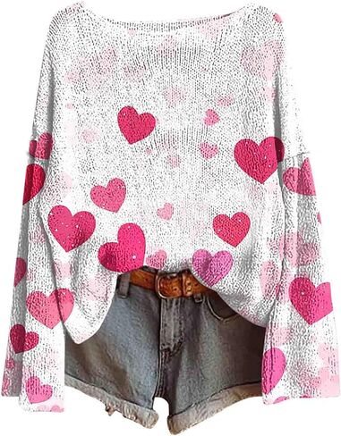 Valentines Shirts for Women Cute Love Heart Graphic Sweatshirts Trendy Long Sleeve Crewneck Sweater Pullover Tops in Saudi Arabia