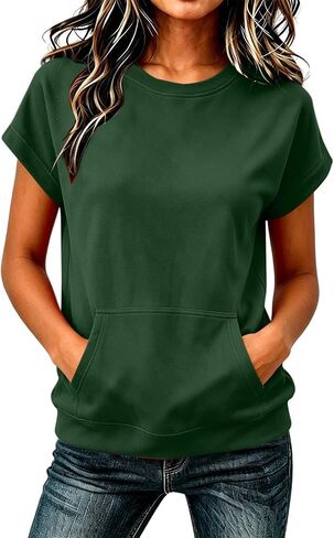 Women's Short Sleeve Sweatshirt Top Casual Crewneck Short Sleeve Pullover Loose Fit Kangaroo Pocket Summer Tee Tops in Kuwait