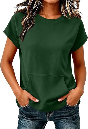 Women's Short Sleeve Sweatshirt Top Casual Crewneck Short Sleeve Pullover Loose Fit Kangaroo Pocket Summer Tee Tops in Kuwait