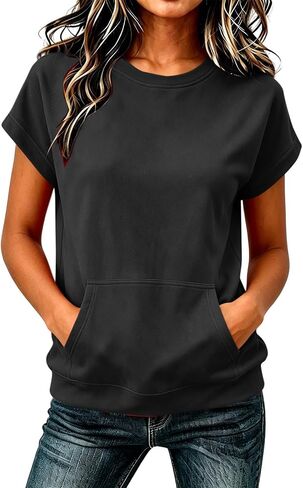 Women's Short Sleeve Sweatshirt Top Casual Crewneck Short Sleeve Pullover Loose Fit Kangaroo Pocket Summer Tee Tops in Kuwait