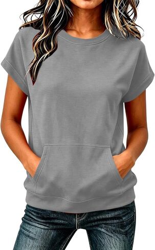Women's Short Sleeve Sweatshirt Top Casual Crewneck Short Sleeve Pullover Loose Fit Kangaroo Pocket Summer Tee Tops in Kuwait
