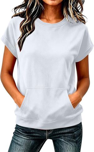Women's Short Sleeve Sweatshirt Top Casual Crewneck Short Sleeve Pullover Loose Fit Kangaroo Pocket Summer Tee Tops in Kuwait