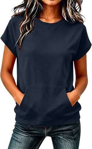 Women's Short Sleeve Sweatshirt Top Casual Crewneck Short Sleeve Pullover Loose Fit Kangaroo Pocket Summer Tee Tops in Kuwait
