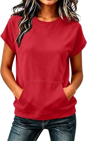 Women's Short Sleeve Sweatshirt Top Casual Crewneck Short Sleeve Pullover Loose Fit Kangaroo Pocket Summer Tee Tops in Kuwait