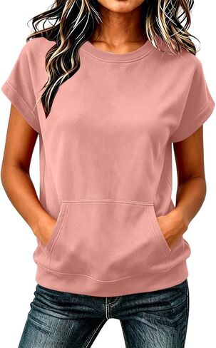 Women's Short Sleeve Sweatshirt Top Casual Crewneck Short Sleeve Pullover Loose Fit Kangaroo Pocket Summer Tee Tops in Kuwait