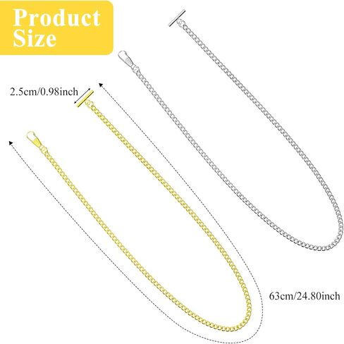 2 PCS Pocket Watch Chain, Vintage Albert Chain with Lobster T-Bar Clasps, Pocket Watch with Chains for Men Vest Suit Gold+Silver in Saudi Arabia
