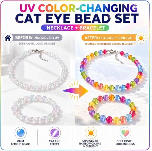 UV Color Changing Necklace and Bracelet Set for Women, Acrylic Beaded Jewelry, Pastel Round Bead Choker with Matching Bracelet, Sun Activated Color Change Accessories Gift for Women in Saudi Arabia