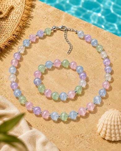 UV Color Changing Necklace and Bracelet Set for Women, Acrylic Beaded Jewelry, Pastel Round Bead Choker with Matching Bracelet, Sun Activated Color Change Accessories Gift for Women in Saudi Arabia