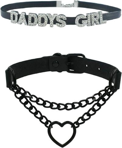 2PCS Daddy's Gothic Layered Chain Heart Choker Necklace for Women, Black Stackable PU Leather Chokers, Goth Punk Grunge Emo Collars, Halloween Valentine's Day Jewelry Gift Accessories in Kuwait