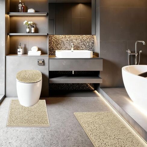 Bathroom Rugs Sets 3 Piece with Adjustable Toilet Seat Cover 19.5"x 18.5" Machine Washable Bath Rug Set with TPR Non Slip Rubber Backing Solid Bath Mat Set for Luxury Bathroom Decoration in Saudi Arabia