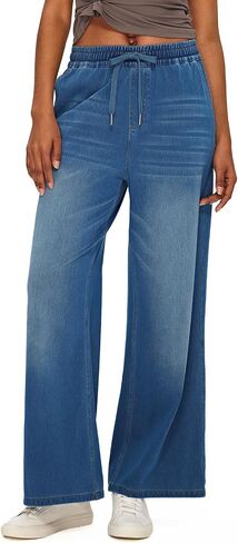 Fanica Womens Mid-Low Rise Wide Leg Jeans - Stretchy Baggy Drawstring Straight Denim Pants Y2K Style in Saudi Arabia