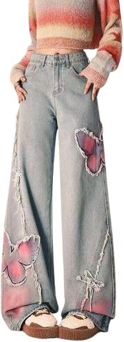 Y2K Baggy Jeans for Women High Waisted Wide Leg Patchwork Butterfly Print Denim Pants Streetwear Distressed Trousers in Saudi Arabia