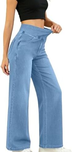 Women's Summer High Waisted Stretch Loose Fit Wide Leg Jeans Elastic Waist Denim Pants Straight Leg Trousers 2026 in Saudi Arabia