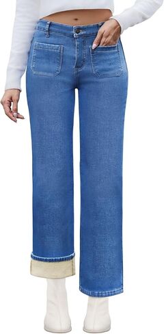Fleece Lined Jeans Women Straight Leg High Waist Lined Jeans Winter Denim Pants for Women with Patch Pockets in Saudi Arabia
