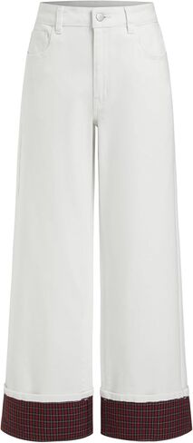 CIDER Wide Leg Jeans for Women Stretchy Plaid Cuffed Folded Hem High Waisted Trendy Straight Leg Denim Pants with Pockets in Kuwait