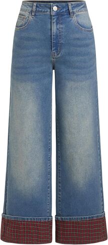 CIDER Wide Leg Jeans for Women Stretchy Plaid Cuffed Folded Hem High Waisted Trendy Straight Leg Denim Pants with Pockets in Kuwait