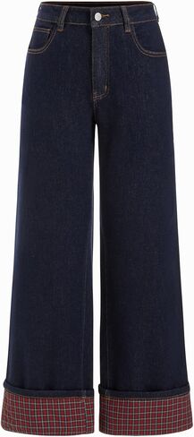 CIDER Wide Leg Jeans for Women Stretchy Plaid Cuffed Folded Hem High Waisted Trendy Straight Leg Denim Pants with Pockets in Kuwait