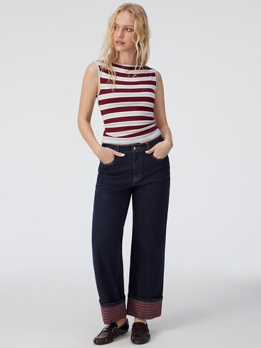 CIDER Wide Leg Jeans for Women Stretchy Plaid Cuffed Folded Hem High Waisted Trendy Straight Leg Denim Pants with Pockets in Kuwait