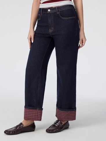 CIDER Wide Leg Jeans for Women Stretchy Plaid Cuffed Folded Hem High Waisted Trendy Straight Leg Denim Pants with Pockets in Kuwait