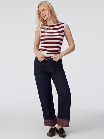 CIDER Wide Leg Jeans for Women Stretchy Plaid Cuffed Folded Hem High Waisted Trendy Straight Leg Denim Pants with Pockets in Kuwait