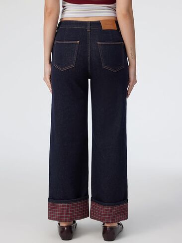 CIDER Wide Leg Jeans for Women Stretchy Plaid Cuffed Folded Hem High Waisted Trendy Straight Leg Denim Pants with Pockets in Kuwait