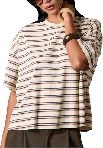 OYOANGLE Women's Striped Ribbed Knit Oversized T Shirts Drop Shoulder Short Sleeve Tops Crew Neck Summer Tee Shirt in Kuwait