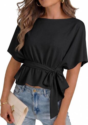 Womens Summer Tie Front Blouses 2026 Crew Neck Batwing Short Sleeve Basic Tops Shirts in Kuwait