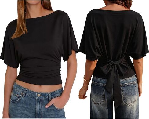 Womens Summer Tie Front Blouses 2026 Crew Neck Batwing Short Sleeve Basic Tops Shirts in Kuwait