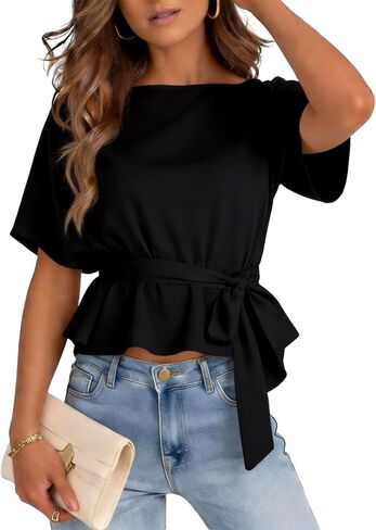 Womens Summer Tie Front Blouses 2026 Crew Neck Batwing Short Sleeve Basic Tops Shirts in Kuwait