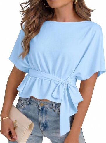Womens Summer Tie Front Blouses 2026 Crew Neck Batwing Short Sleeve Basic Tops Shirts in Kuwait