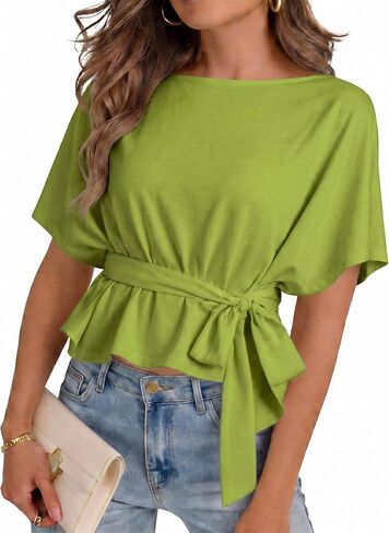 Womens Summer Tie Front Blouses 2026 Crew Neck Batwing Short Sleeve Basic Tops Shirts in Kuwait