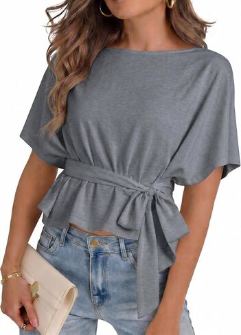 Womens Summer Tie Front Blouses 2026 Crew Neck Batwing Short Sleeve Basic Tops Shirts in Kuwait