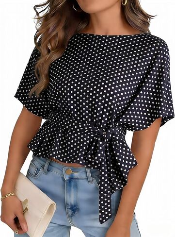 Womens Summer Tie Front Blouses 2026 Crew Neck Batwing Short Sleeve Basic Tops Shirts in Kuwait