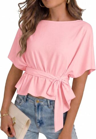 Womens Summer Tie Front Blouses 2026 Crew Neck Batwing Short Sleeve Basic Tops Shirts in Kuwait