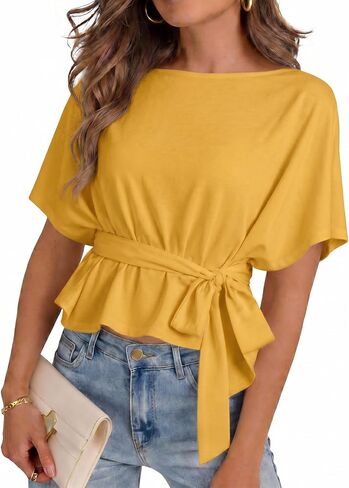 Womens Summer Tie Front Blouses 2026 Crew Neck Batwing Short Sleeve Basic Tops Shirts in Kuwait