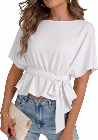 Womens Summer Tie Front Blouses 2026 Crew Neck Batwing Short Sleeve Basic Tops Shirts in Kuwait