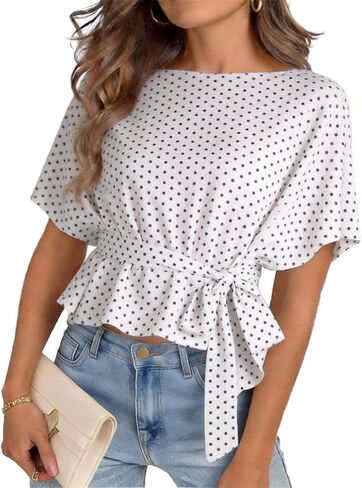 Womens Summer Tie Front Blouses 2026 Crew Neck Batwing Short Sleeve Basic Tops Shirts in Kuwait