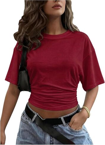 BEAUDRM Women's Y2k Sexy Going Out Crop Tops Half Sleeve Cinched Waist Tops Ruched Dolman Casual T Shirts in Saudi Arabia