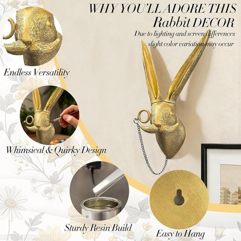 Juedawyal Gold Animal Head Wall Decor – Golden Rabbit Head Wall Hanging, 10" Resin Scholarly Bunny Wall Sculpture for Men Women Home Kitchen Office Gallery Wall Easter Decor in Saudi Arabia