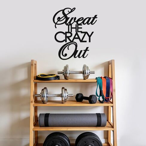 Gym Motivational Wall Art "Sweat the Crazy Out" - Workout Room Decor, Black Metal Inspirational Wall Decor for Home Gym, Fitness Gift for Men & Women (14.5" x 12.4") in Saudi Arabia