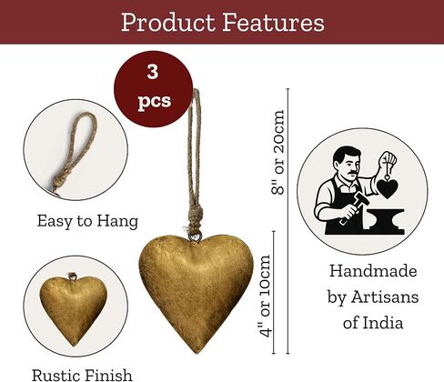 Mie Creations Vintage Metal 3 Hearts Wall Hanging Art, Gold Hearts Shaped Christmas Ornaments Decor | Valentines Day Gifts for Him Her, Decorations for Couples, Farmhouse Country Rustic Heart- Golden in Saudi Arabia
