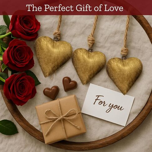 Mie Creations Vintage Metal 3 Hearts Wall Hanging Art, Gold Hearts Shaped Christmas Ornaments Decor | Valentines Day Gifts for Him Her, Decorations for Couples, Farmhouse Country Rustic Heart- Golden in Saudi Arabia