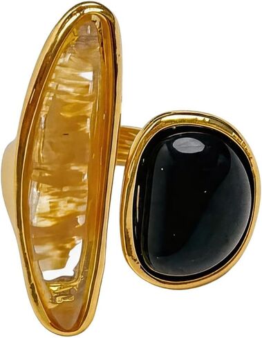 Asymmetry Black Agate Ring for Women Gold Black Gemstone Open Ring Statement Plated Adjustable Promise Ring Trendy Elegant Jewelry Accessories in Saudi Arabia