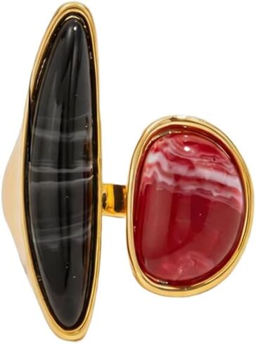 Asymmetry Black Agate Ring for Women Gold Black Gemstone Open Ring Statement Plated Adjustable Promise Ring Trendy Elegant Jewelry Accessories in Saudi Arabia
