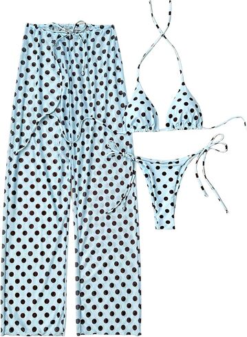 GORGLITTER Women's 3 Piece Bikinis Sets Polka Dots Triangle Halter Swimsuit Y2K Summer Bathing Suit with Cover Up Pants in Kuwait