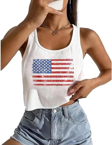 Glitter American Flag Crop Tank Women's USA Stars Stripes Graphic Patriotic Sleeveless Tee 4th of July Tops Shirts in Saudi Arabia