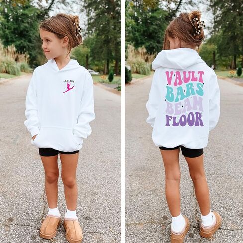 Personalized Gymnast Hoodie, Vault Bars Beam Floor Sweatshirt, Custom Name Gymnastics Gift, Girls Youth Toddler Adult White in Saudi Arabia