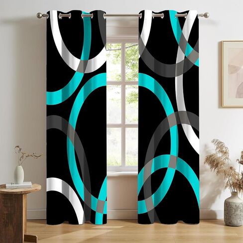 Teal Black Curtains for Bedroom Grey White Turquoise Aqua Modern Abstract Geometric Circle Striped Blackout Curtains Room Darkening Grommet 2 Panels Window Drapes for Living Room 42x84Inches in Saudi Arabia